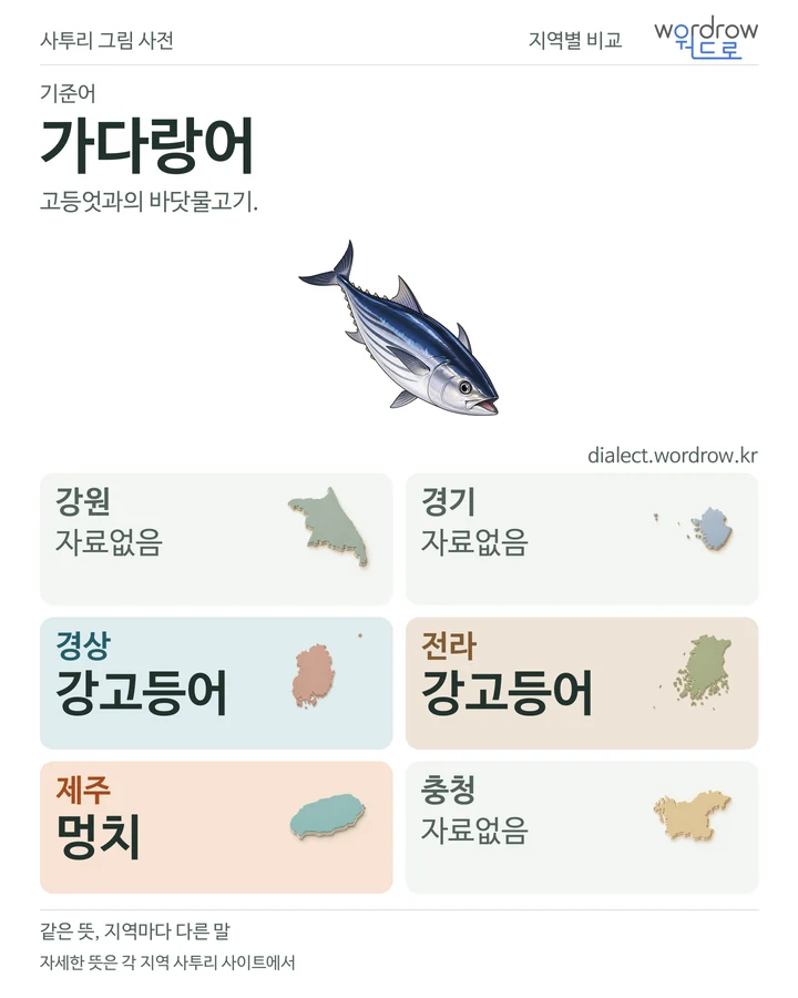 가다랑어의 여섯 지역 사투리 비교