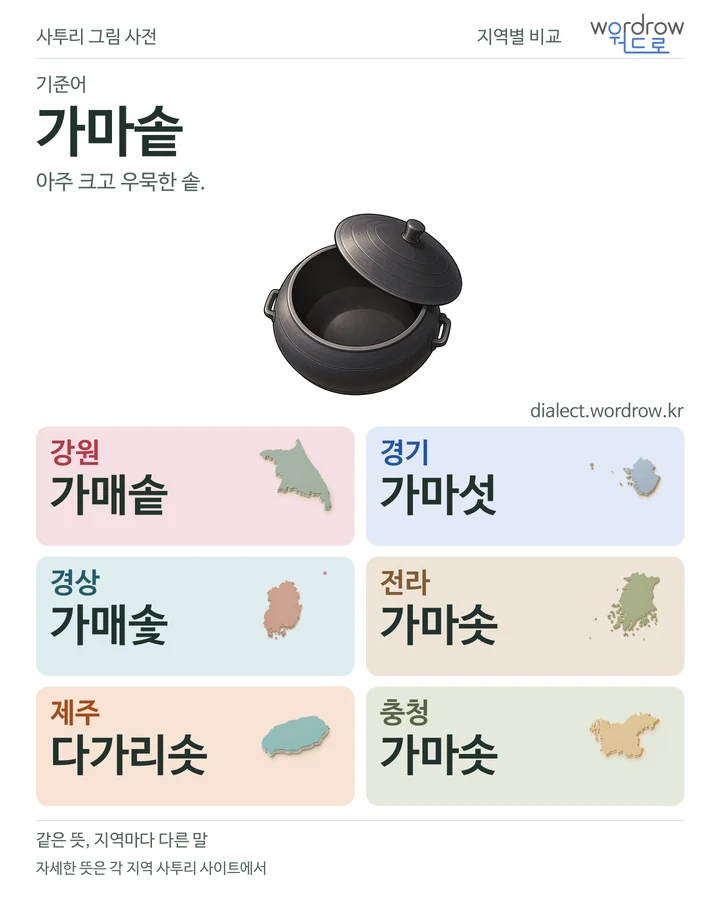 가마솥의 여섯 지역 사투리 비교