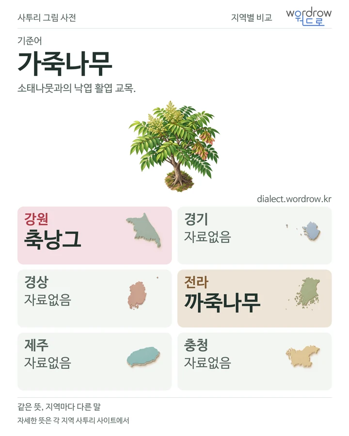 가죽나무의 여섯 지역 사투리 비교