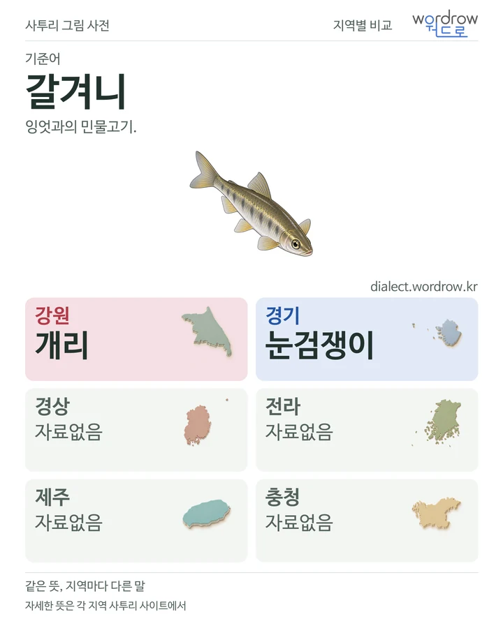 갈겨니의 여섯 지역 사투리 비교
