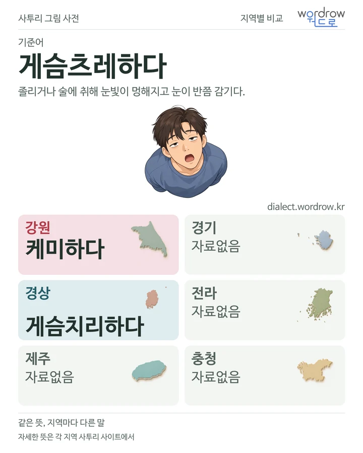 게슴츠레하다의 여섯 지역 사투리 비교