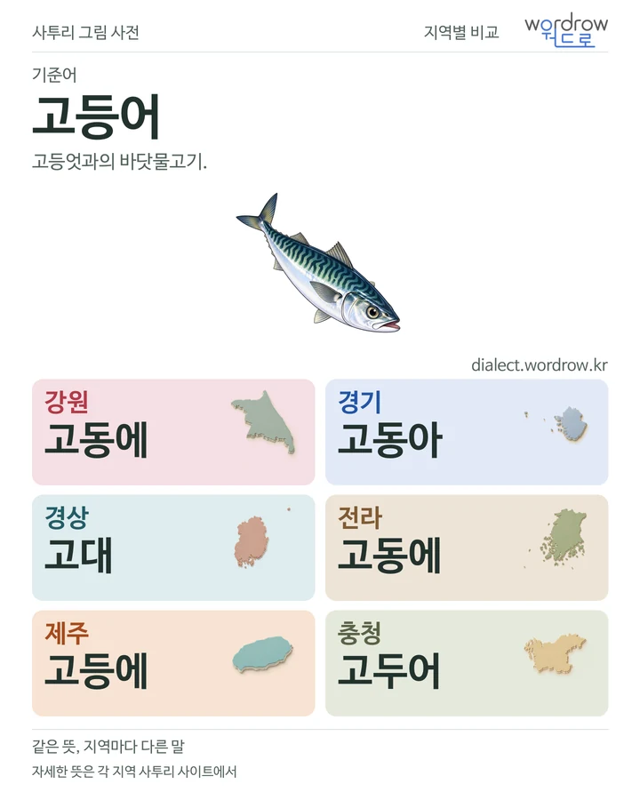 고등어의 여섯 지역 사투리 비교