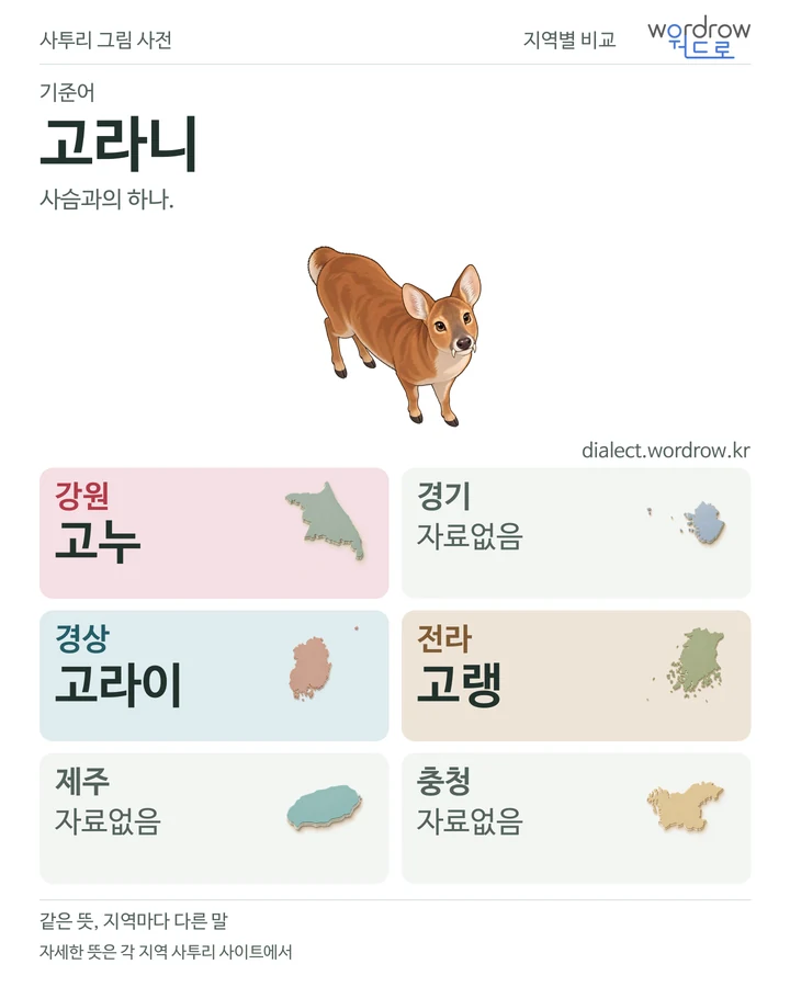 고라니의 여섯 지역 사투리 비교