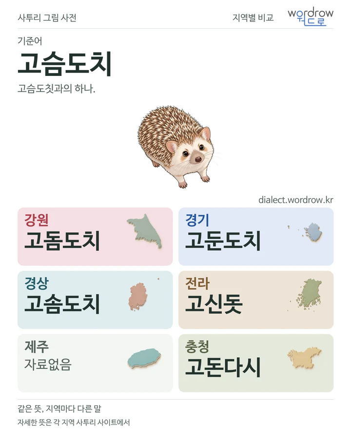 고슴도치의 여섯 지역 사투리 비교