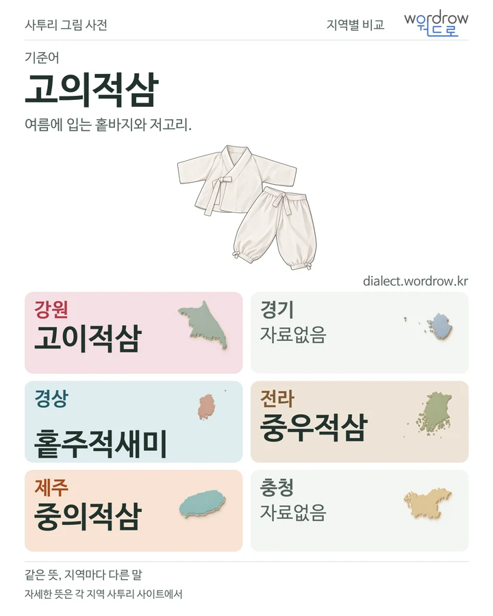 고의적삼의 여섯 지역 사투리 비교