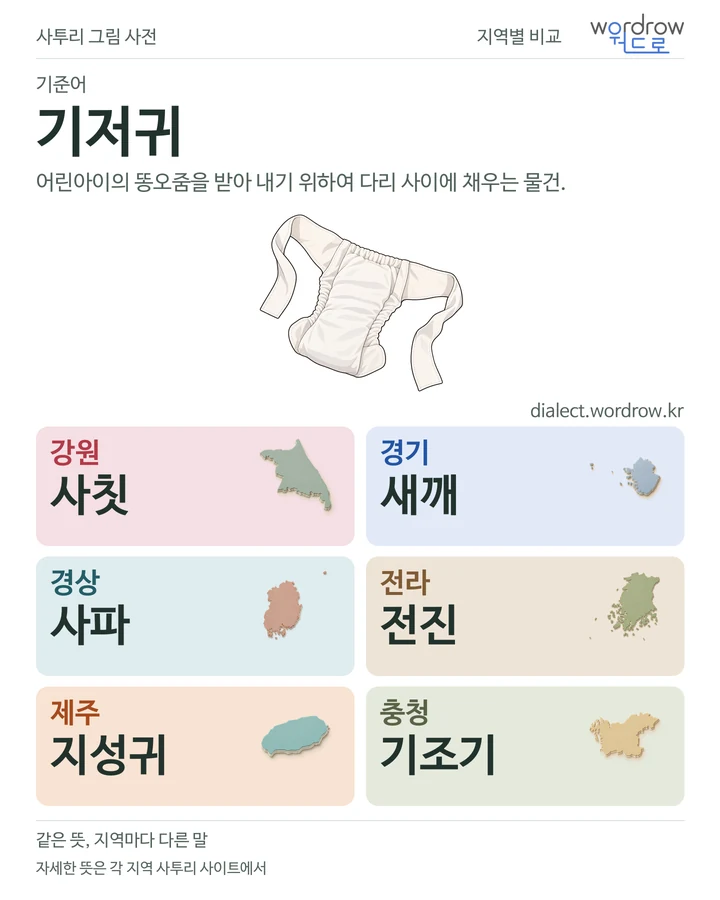 기저귀의 여섯 지역 사투리 비교