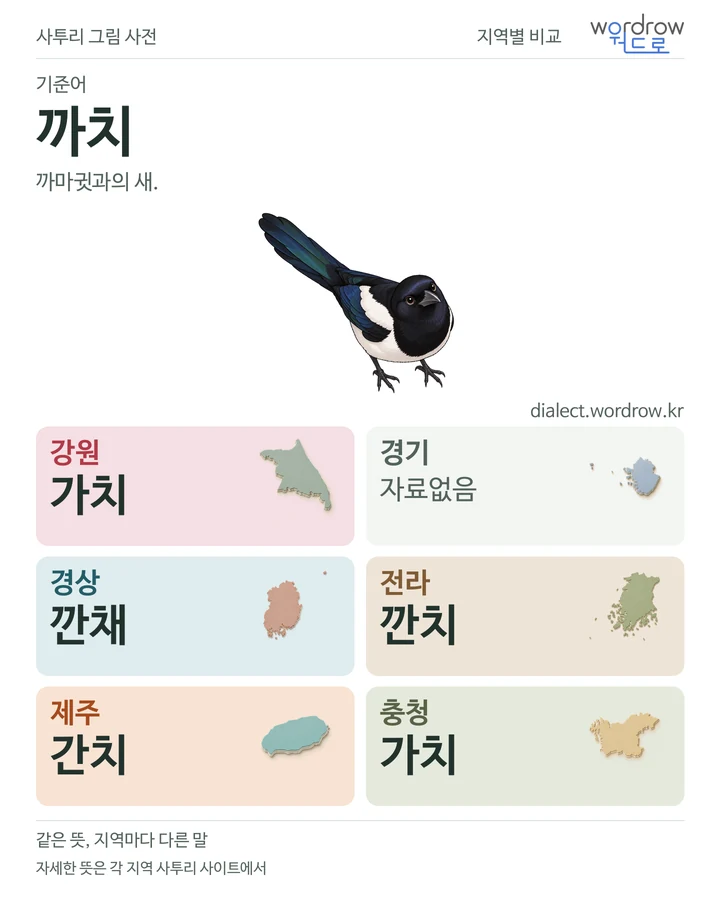 까치의 여섯 지역 사투리 비교