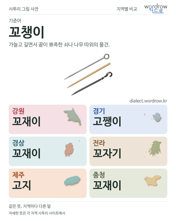 꼬챙이의 여섯 지역 사투리 비교