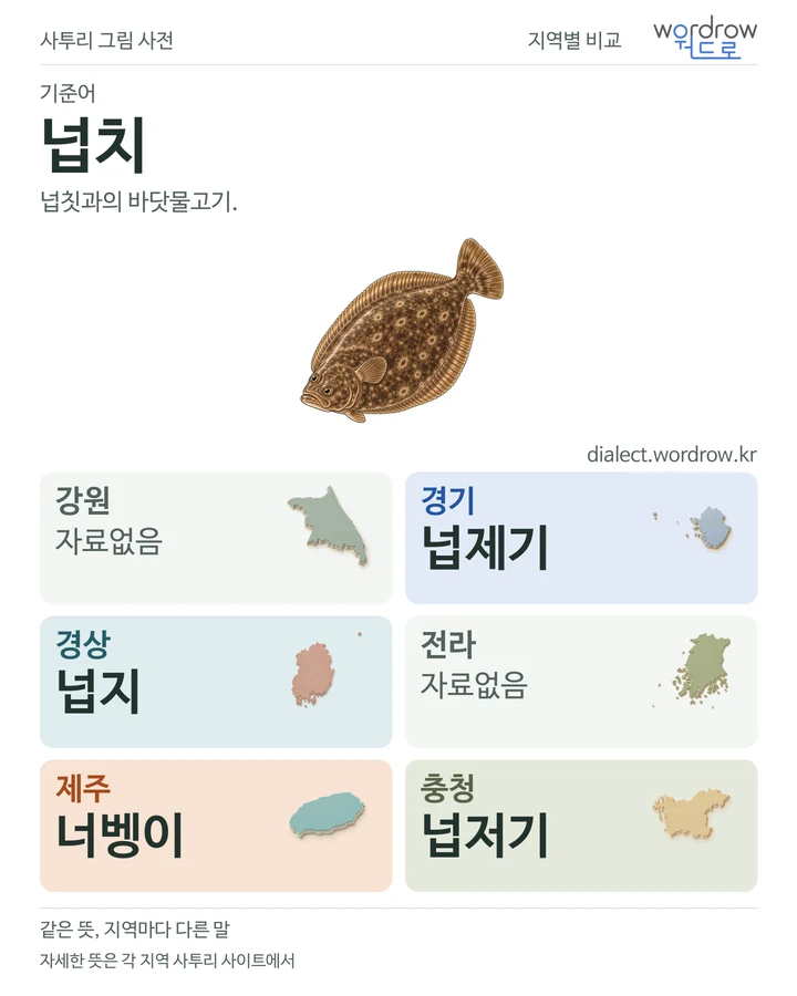 넙치의 여섯 지역 사투리 비교
