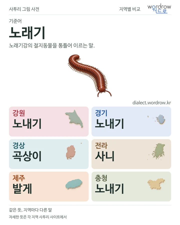 노래기의 여섯 지역 사투리 비교