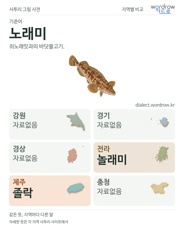 노래미의 여섯 지역 사투리 비교