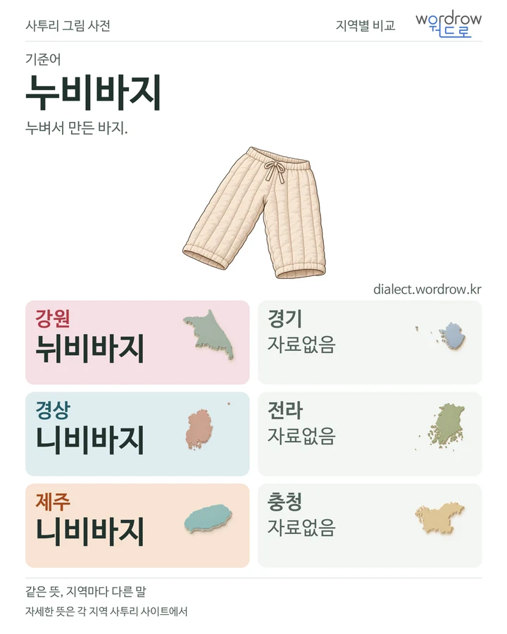 누비바지의 여섯 지역 사투리 비교