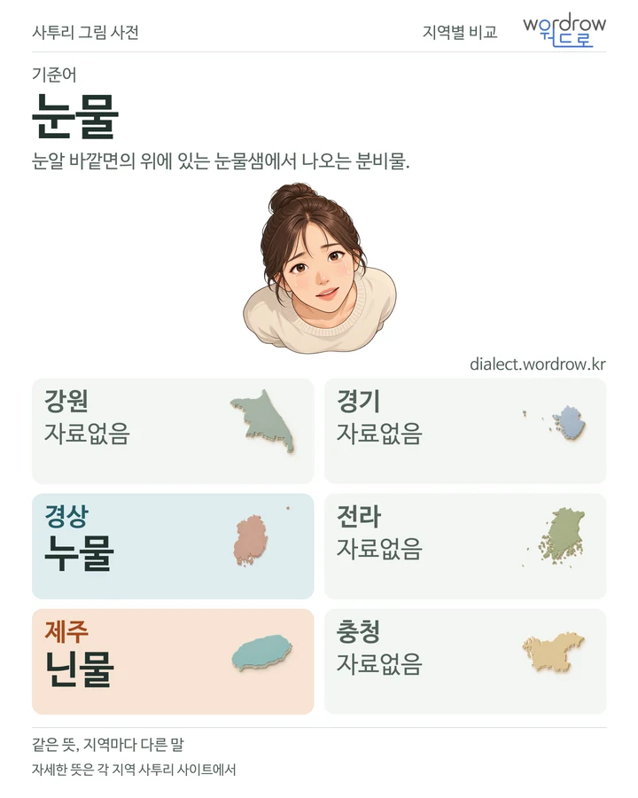 눈물의 여섯 지역 사투리 비교