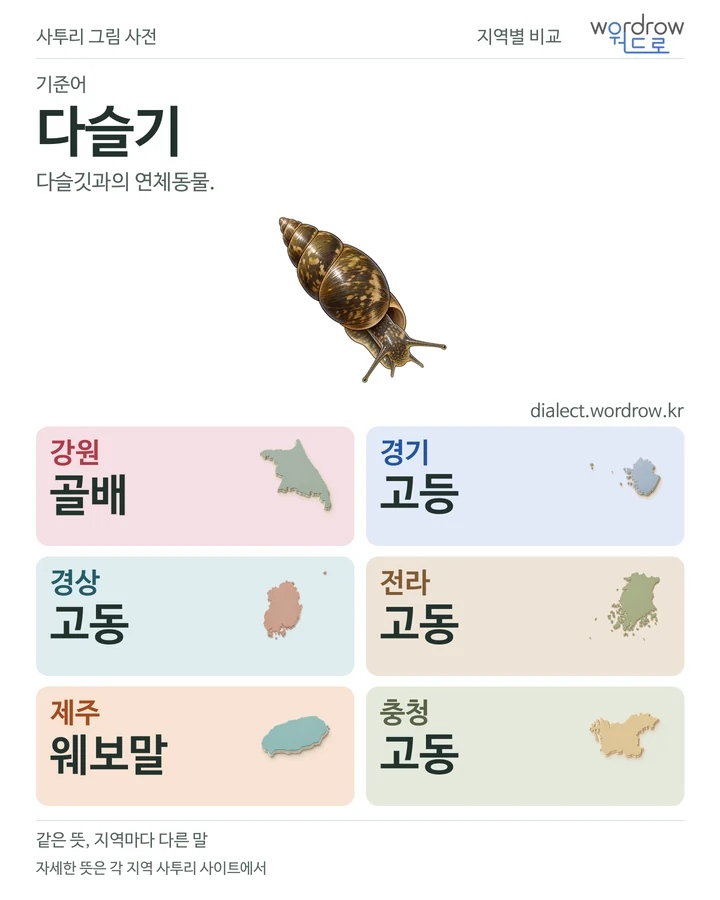 다슬기의 여섯 지역 사투리 비교