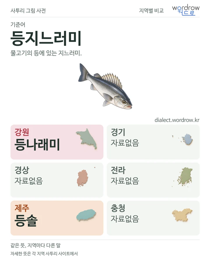 등지느러미의 여섯 지역 사투리 비교