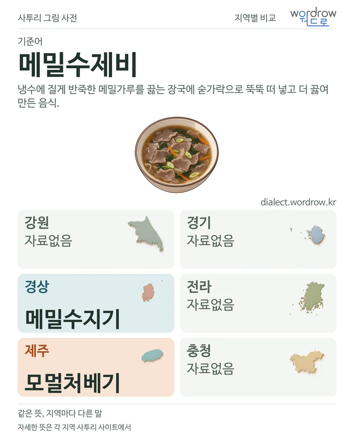 메밀수제비의 여섯 지역 사투리 비교