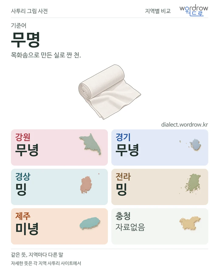 무명의 여섯 지역 사투리 비교