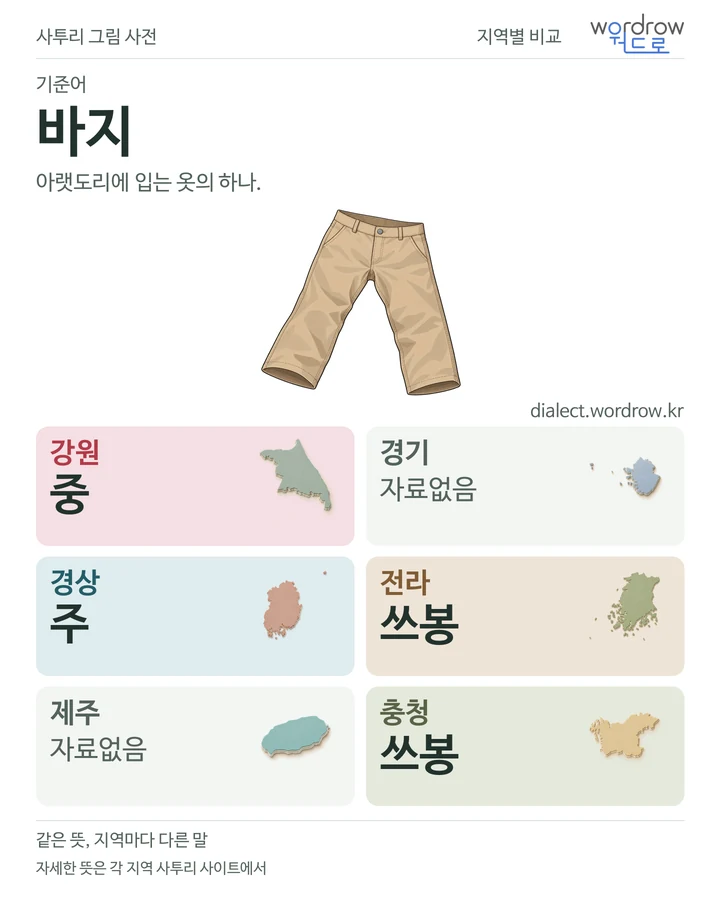 바지의 여섯 지역 사투리 비교