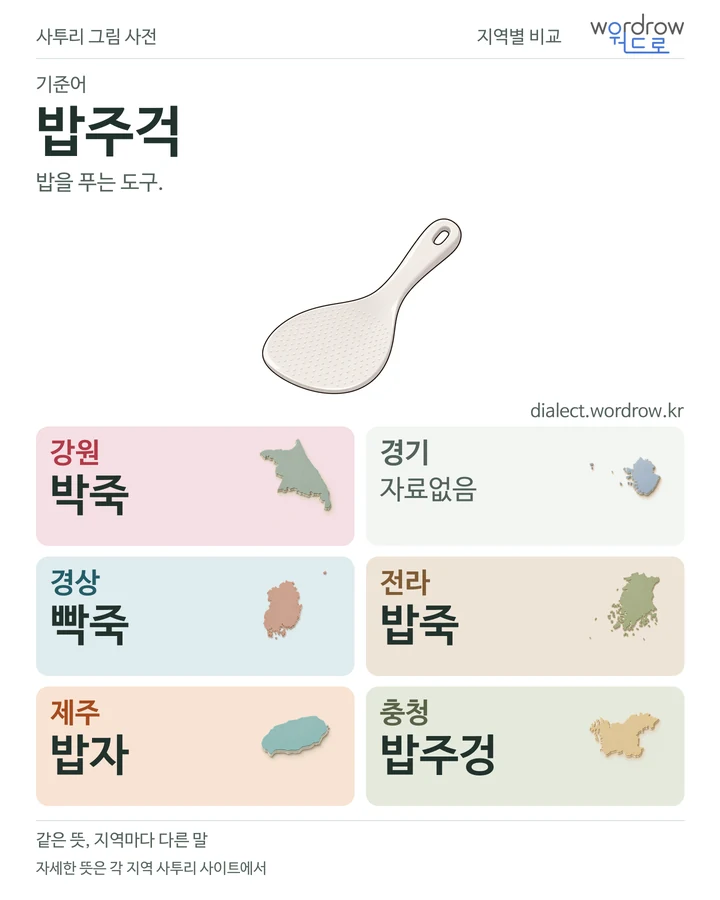 밥주걱의 여섯 지역 사투리 비교