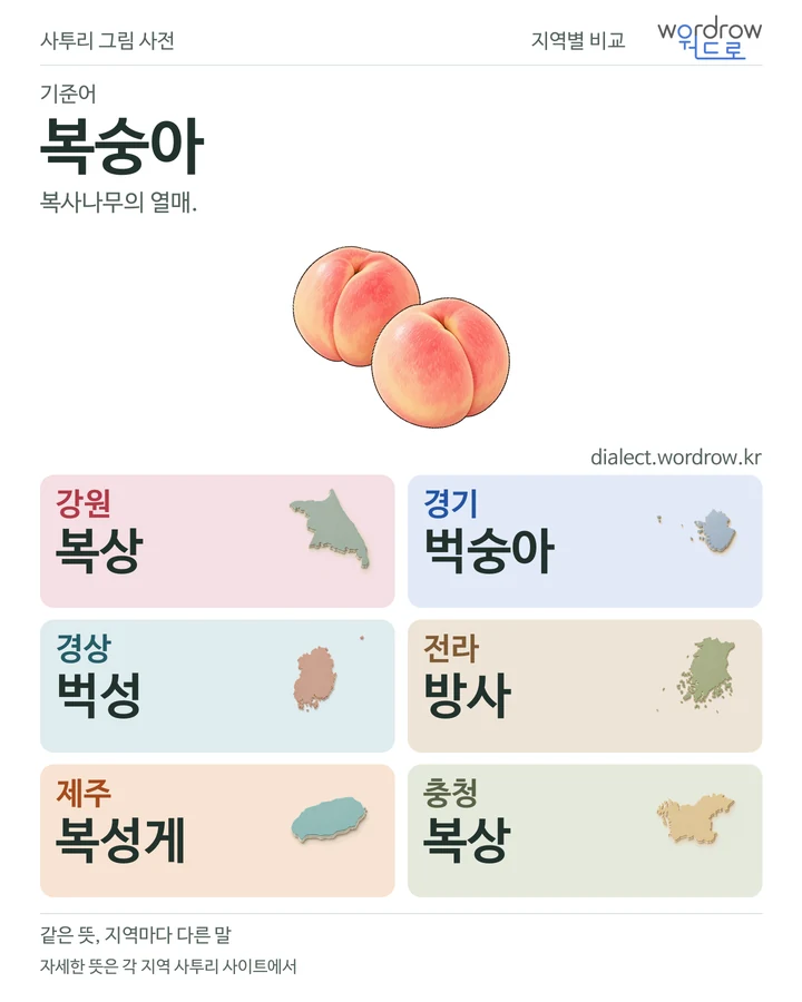 복숭아의 여섯 지역 사투리 비교