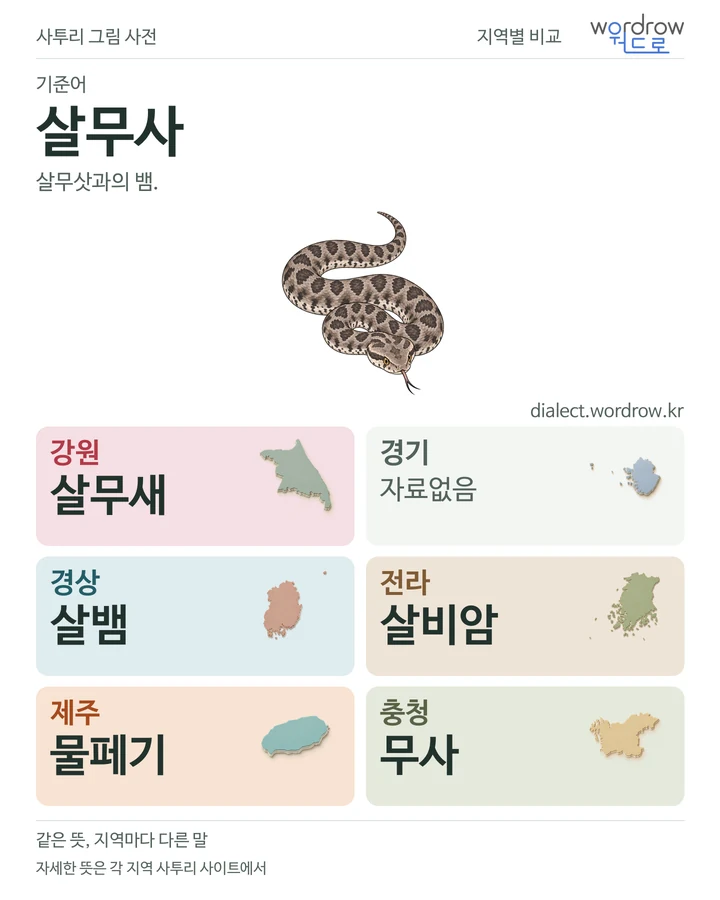 살무사의 여섯 지역 사투리 비교