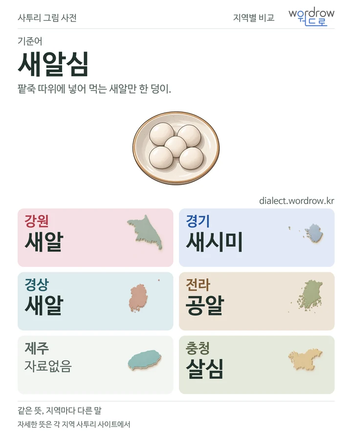 새알심의 여섯 지역 사투리 비교