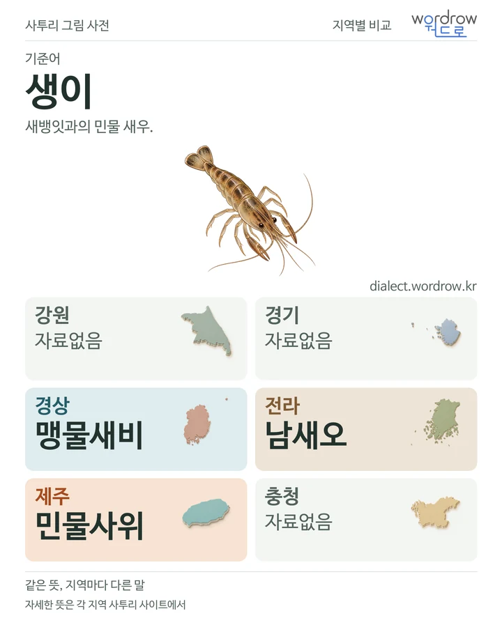 생이의 여섯 지역 사투리 비교