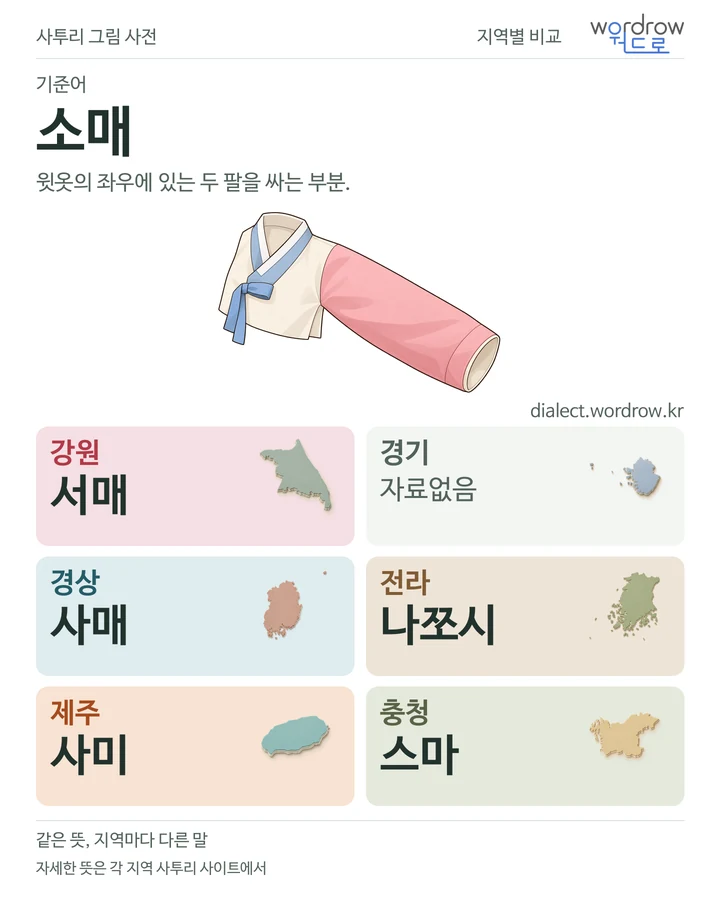 소매의 여섯 지역 사투리 비교