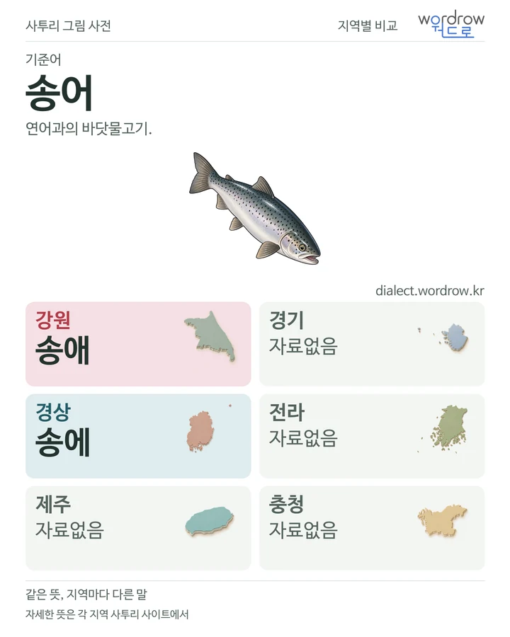 송어의 여섯 지역 사투리 비교