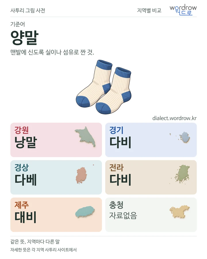 양말의 여섯 지역 사투리 비교