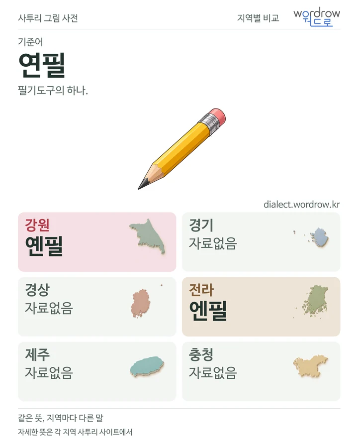 연필의 여섯 지역 사투리 비교