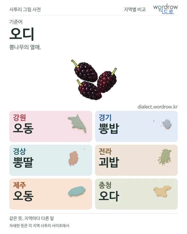 오디의 여섯 지역 사투리 비교