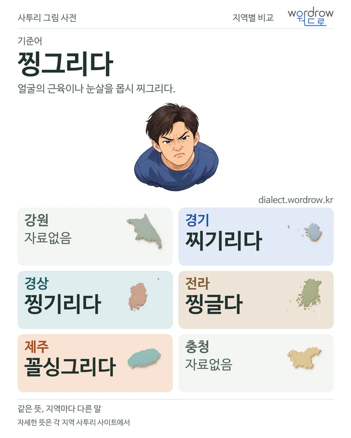 찡그리다의 여섯 지역 사투리 비교