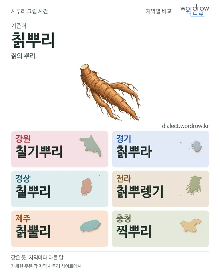 칡뿌리의 여섯 지역 사투리 비교
