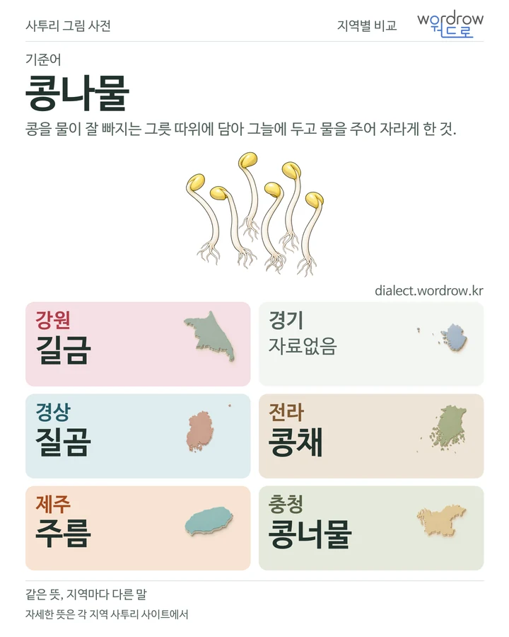 콩나물의 여섯 지역 사투리 비교