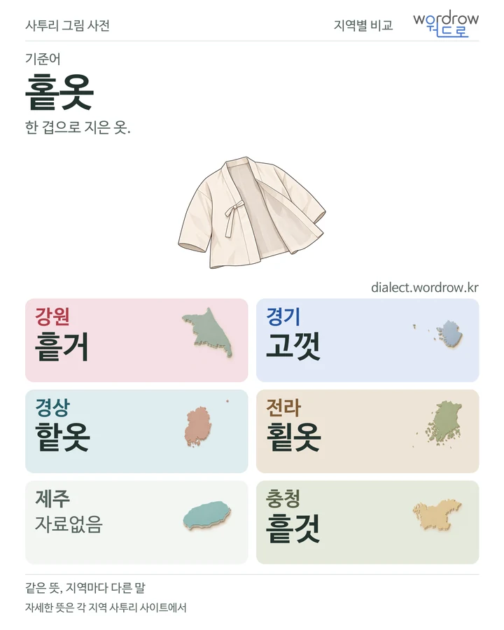 홑옷의 여섯 지역 사투리 비교