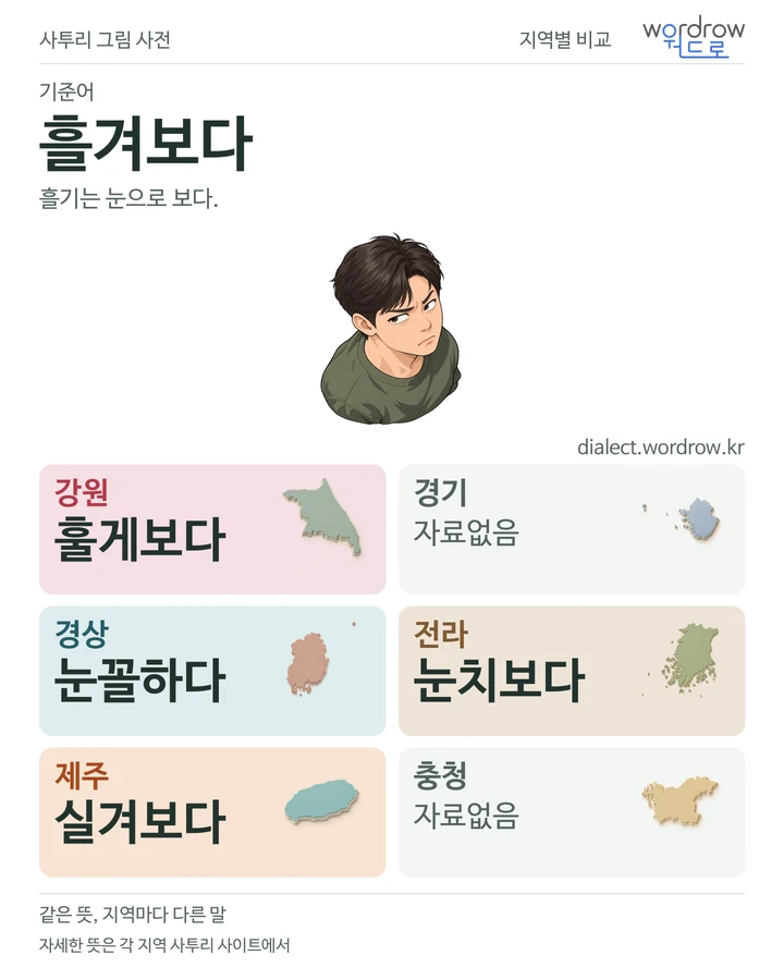 흘겨보다의 여섯 지역 사투리 비교